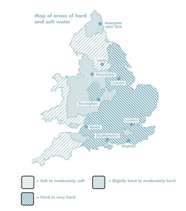 Map of England displaying water hardness